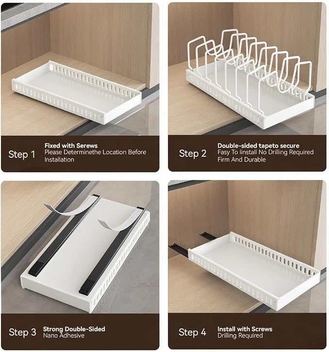 Pull Out Pot Lid Organizer, Cabinet Pan Rack, 8 Dividers | 2-pack black carbon steel rack, 16 adjustable dividers, quiet slide rails, adhesive or screw mount for lids, pans, bakeware - Image 3