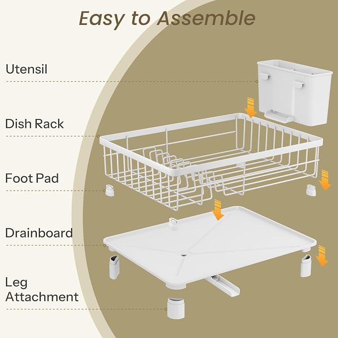SNTD Dish Drying Rack for Small Kitchen Counter, 11" W x 15" L, White | Space Saving, Rotating Spout & Angled Drainboard for Quick Drainage, Stainless Steel, Removable Utensil Holder - Image 6