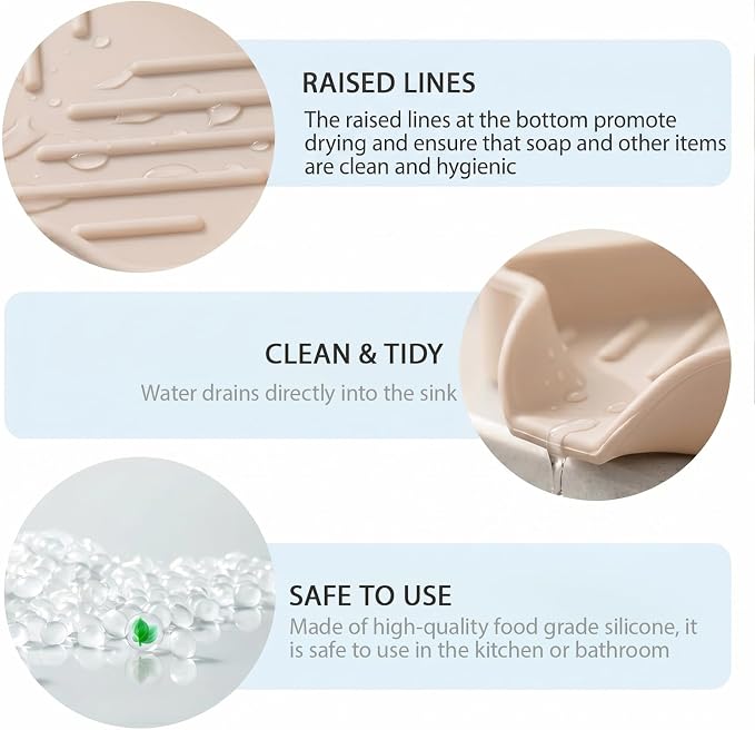 MicoYang Silicone Soap Dish with Drain Spout, Self-Draining Sink Organizer Tray for Bathroom and Kitchen, Sponges, Dispensers and Soap Holder, Non-Slip & Dishwasher Safe, Tapioca (Compact, 4.9"×3.2") - Image 8