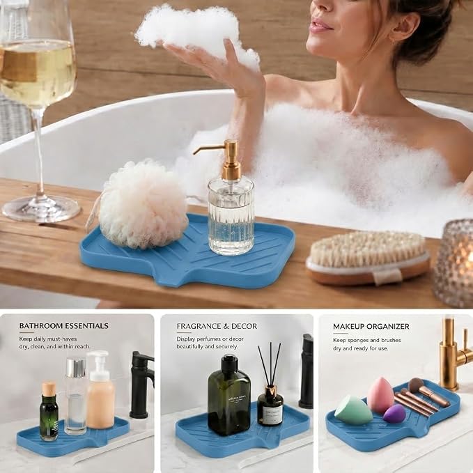 MicoYang Silicone Soap Dish with Drain Spout — Self-Draining Sink Organizer Tray for Bathroom & Kitchen, Sponges, Dispensers & Soap Holder, Non-Slip & Dishwasher Safe, Lichen Blue (Medium, 9.6"×5.3") - Image 4