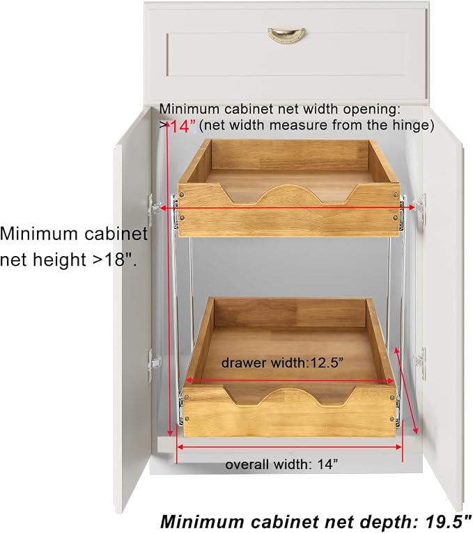 DINDON 2 Tier Pull Out Cabinet Organizer (14" W x 18" D) Slide Out Wood Drawer, Two Tier Sliding Shelf Organization and Storage… - Image 3