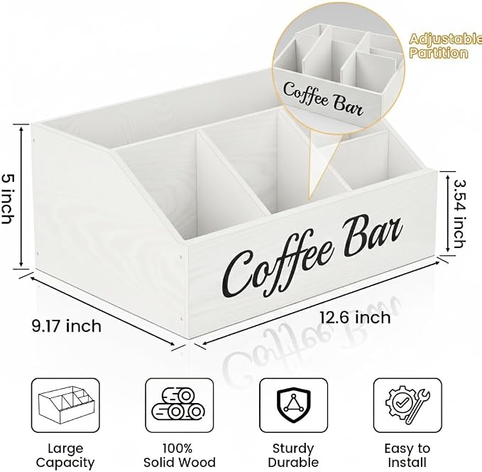 Coffee Station Organizer for Countertop – Wooden Coffee Bar Organizer with Adjustable Dividers,Holds K Cup Pod & syrup bottles, for Kitchen, Office, or Bar and Tea Station, White - Image 4