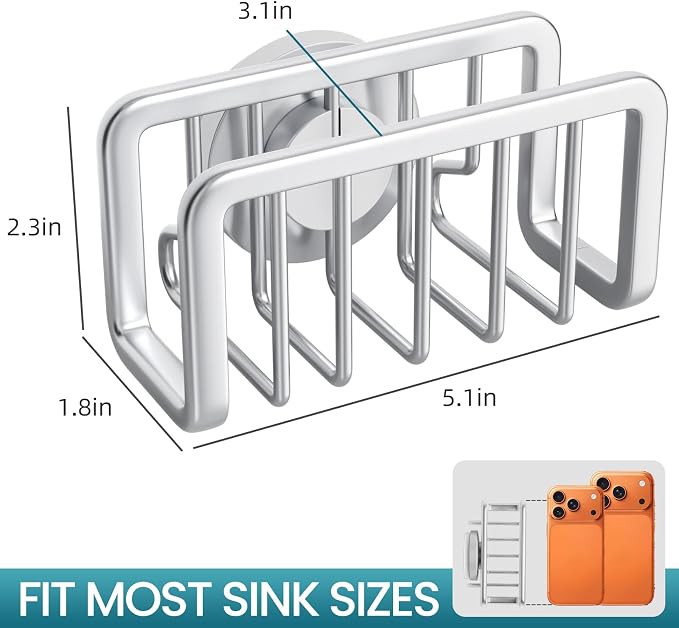 TAILI Rustproof Sponge Holder for Kitchen Sink with Suction Cup-Silver | Rustproof Aluminum Sink Caddy for Sponges, Brushes, Stoppers & Scrapers,Removable Ventilated Quick-dry Design, Holds Up 11lbs - Image 3