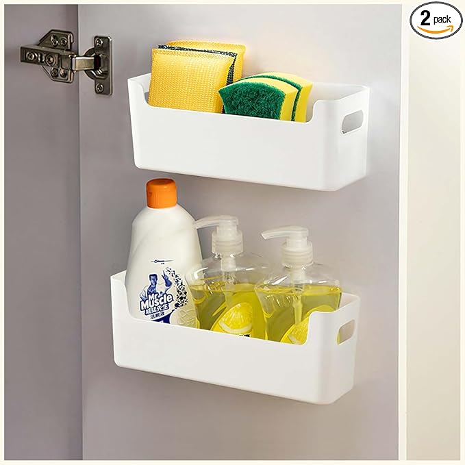 2 Pack Cabinet Organizer Storage, Adhesive Over Cabinet Door Organizer, No Drilling Space Saver Plastic Storage Containers Multi-Use for Kitchen Bathroom Office Bedroom, White by LANSKYWARE