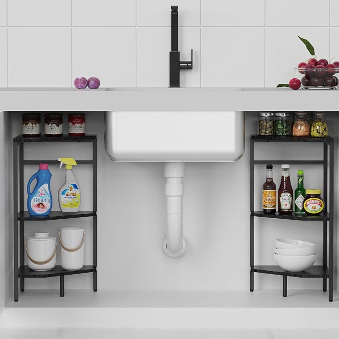 CADUKE Pedestal Sink Shelf, 2 Pack Under Sink Organizers and Storage, Black | 3-Tier Under Pedestal Sink Storage, Bathroom Under Vanity Storage Shelves, Corner Shelf Stand, For Kitchen, Living Room - Image 2
