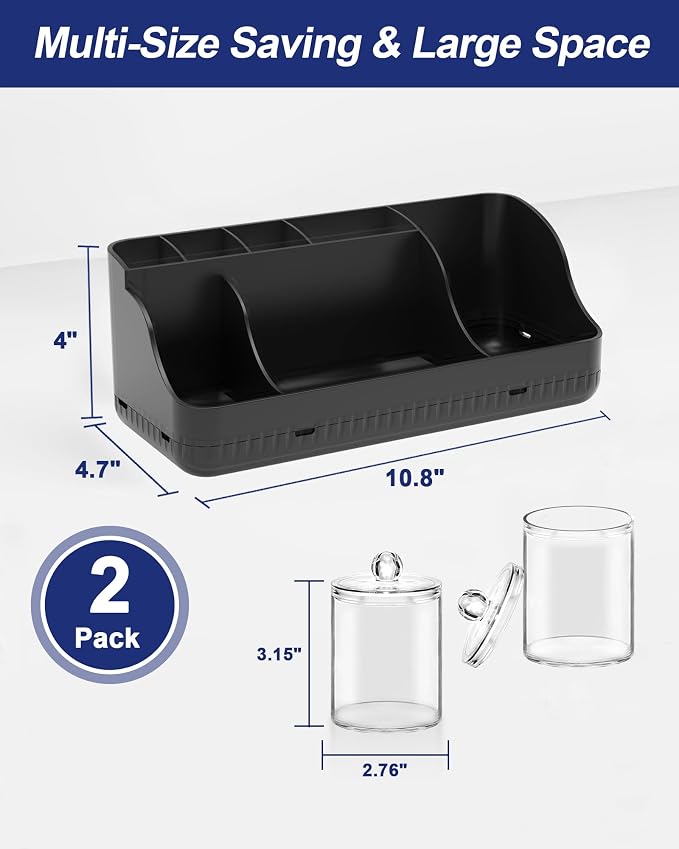Bathroom Counter Organizer and Storage with 2 Pack Qtip Holder Dispenser, 7 Slots Detachable Toothbrush Holders for Bathrooms, Anti-Slip Electric Toothbrush and Toothpaste Holder Countertop - Image 2