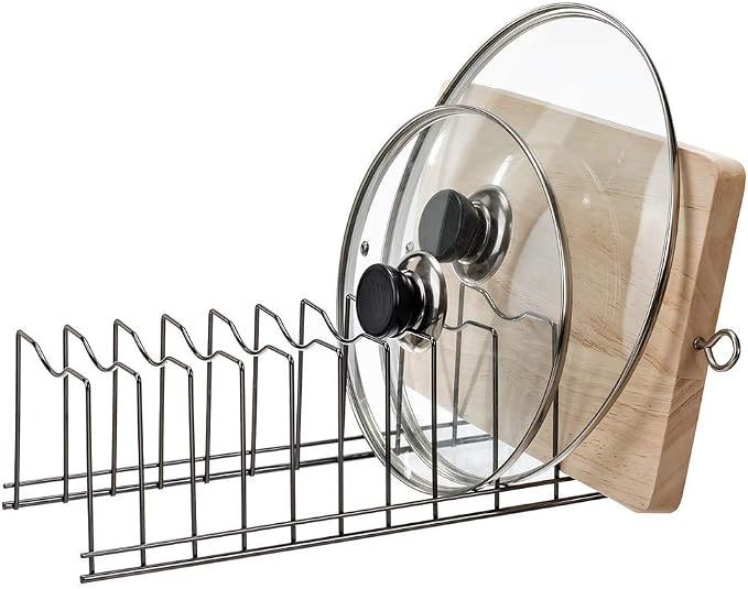 SANNO Pan Pot Lid Holder Organizer, Rack Kitchen Organizer for Plates, Cutting Boards Bakeware, Cooling, Pots & Pans, Serving Trays,Lids Holder Rack,Nickel, 10 Dividers by SANNO