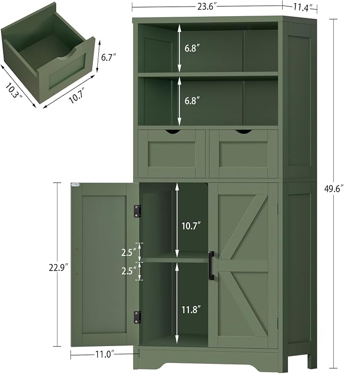 Bathroom Cabinet with Adjustable Shelf & 2 Drawers, Farmhouse Storage Cabinet with 2 Doors, Kitchen Storage Cabinets for Living Room, Entryway, Home Office, Forest Green - Image 3