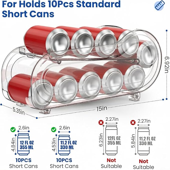 2 Pack Auto-Rolling Soda Can Organizer for Refrigerator/Fridge, Upgraded Soda Can Dispenser & Holder for Pantry Storage 10 Standard Size 12oz/ 11.2oz/ 355ml/ 330ml Drink Short Cans (Clear) - Image 4