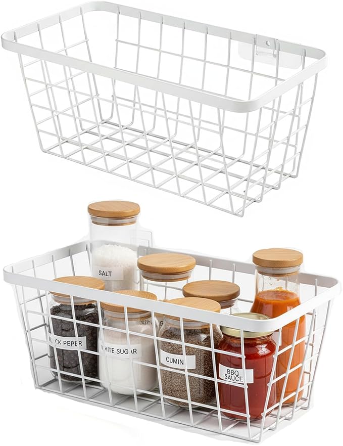 2 Set LeleCAT Hanging Wall Basket Organizer, Over the Cabinet Door Adhesive Wire Baskets for Organizing Kitchen Food Pantry Bathroom Shelf Storage No Drilling Wall Mounted,White by HomeSpaceStorageBasket