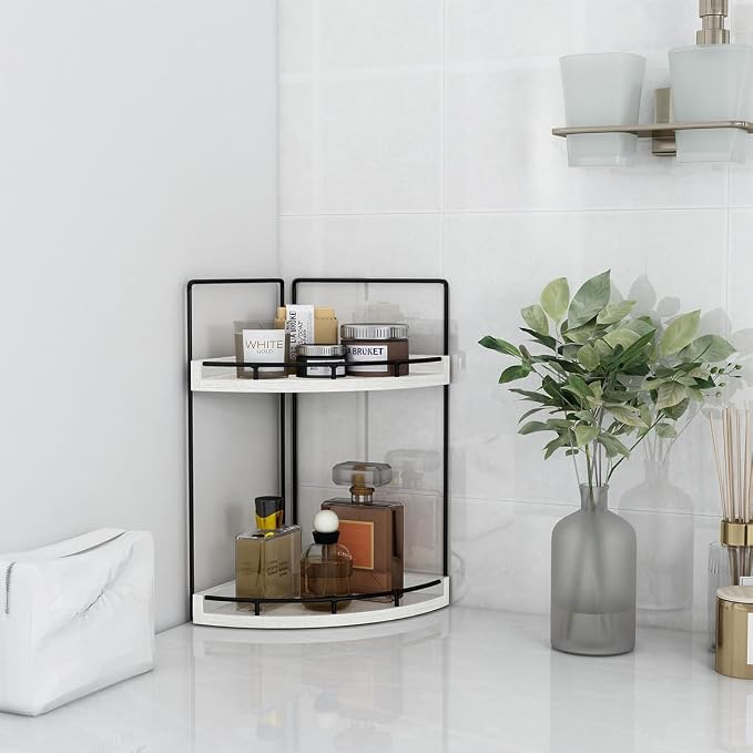Dorhors 2-Tier Rustic White Corner Bathroom Shelf | 2-Tier Rustic White Rack Holder for Skincare,Perfume,Makeup,Lotion,Wood Sink Tray Stand for Kitchen,Restroom,Dresser - Image 5