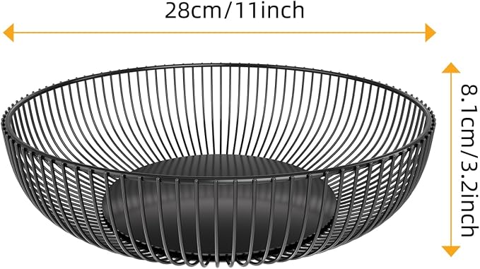 Simple Trending Round Metal Fruit Basket Bowl for Kitchen Counter - Rust-Proof, Non-Slip & Breathable Wire Organizer for Fruits, Veggies, Snacks, Black (11“ Diameter x 3.2” H) - Image 6