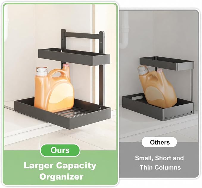 Bamboo Under Sink Organizer 2 Pack, 2-Tier Pull Out Cabinet Organizer | Kitchen Sink Organizer | Bathroom Cabinet Organizer | Cleaning Supply Storage | L-Shape | 3-Level Adjustable | Natural Bamboo - Image 6