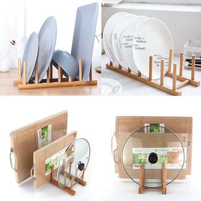 INNERNEED Bamboo Wooden Dish Rack, Vertical Plate & Lid Organizer | for Kitchen Cabinet or Countertop, Drying Stand for Dishes, Cutting Boards - Image 2