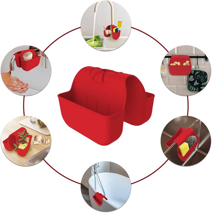 Sponge Holder for Kitchen Sink, Silicone Sink Saddle Caddy Organizer Rack, Sponges Holder Over Faucet, Hanging Kitchen Organizer Accessories Rack Basket Red - Image 5