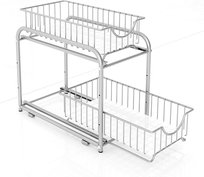 2-Tier Pull Out Organizer Under Sink Sliding Cabinet Rack,Sliver | Stackable sliding basket metal organizer with adjustable height and anti slip pad. Ideal for under sink or cabinet storage. by AIYAKA