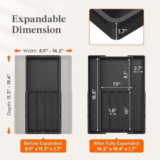 Lifewit Silverware Drawer Organizer, Expandable Utensil Tray for Kitchen | BPA Free Adjustable Flatware and Cutlery Holder, Plastic Storage for Spoons Forks Knives, 8.9-14.2 x 11.3-19.4 x 1.7, Black - Image 2