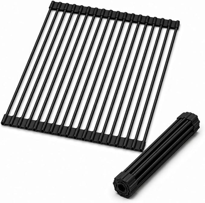 Roll Up Dish Drying Rack for Kitchen Sink, Silicone Wrapped Dish Drainer,Flodable Over Sink Drying Rack,Heat Resistant, Drain Mats, Space Saving, Multipurpose (Matte Black, Large) by GIFTKING
