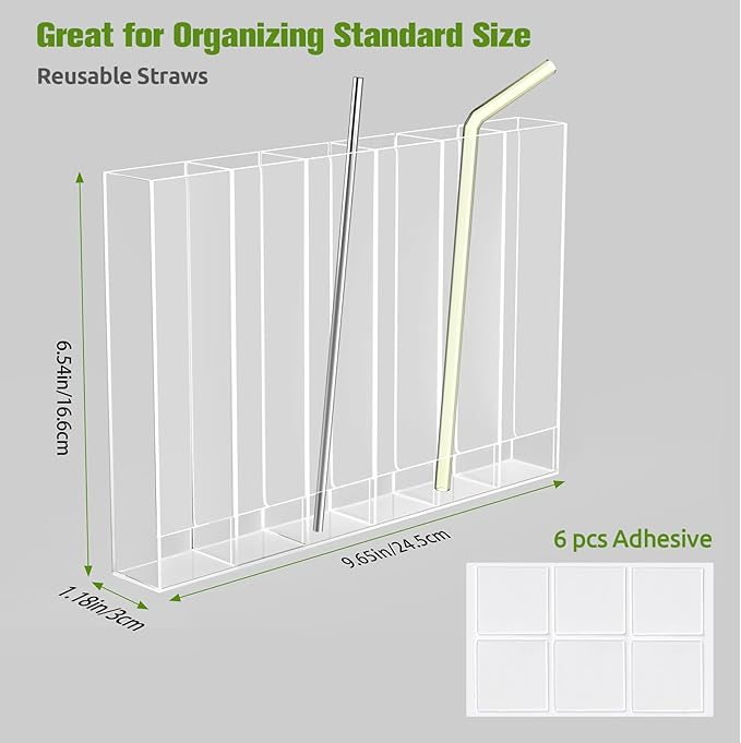 9.6” Large Acrylic Straw Holder for Cabinet Door - 6 compartments, easy to clean, Reusable Tumbler Straw Organizer Storage, Small Kitchen Accessories Container, Ultra Sticky Cupboard Door Mounted - Image 3