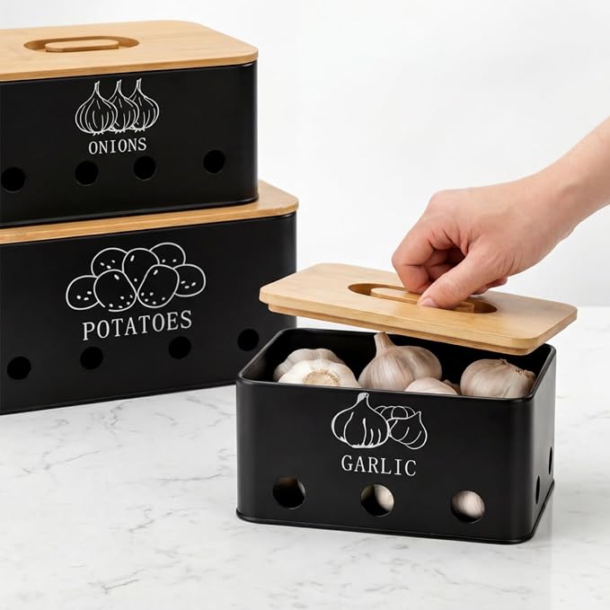 3 Pack Potato Onion Garlic Storage Set, Bamboo Lids | Metal Vegetable Storage Bins with Vents, Large Capacity Canister Black Food Container for Kitchen, Pantry - Image 5