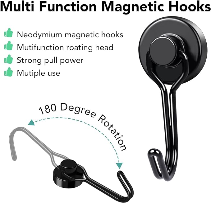 Magnetic Hooks 6 Pack 40Lbs Heavy Duty Neodymium Magnet Hook | Black Magnetic Swivel Hooks for Hanging Rust Proof Strong Magnets with Hook for Storage - Image 2