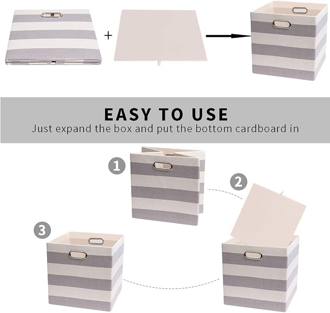 Posprica Storage Cubes,13×13 Collapsible Storage Baskets Bins Fabric Drawers - 2pcs, Grey-white Striped - Image 3
