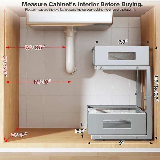 Under Sink Organizer, 2-Tier Dual Pull Out Cabinet Organizer Drawers With Smooth Circular Rail,Large Capacity Metal Mesh Sliding Shelves For Bathroom& Kitchen Storage,Height Adjustable–Gun Gray,1 Pack - Image 2