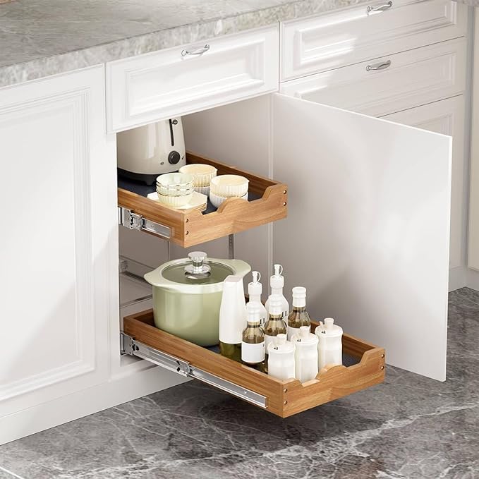 OCG Pull Out Drawers For Cabinets 14"W x 21"D, 2 Tier Heavy-Duty Slide out Wood Drawer Shelf, Pull Out Drawer for Cabinets, Base Cabinet Organization ​for Kitchen, Pantry, Bathroom - Image 2