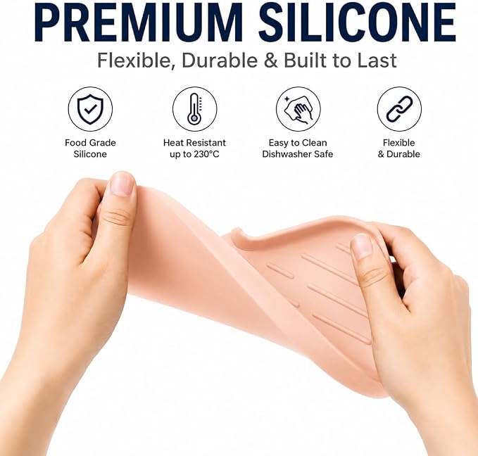 MicoYang Silicone Soap Dish with Drain Spout — Self-Draining Sink Organizer Tray for Bathroom & Kitchen, Sponges, Dispensers & Soap Holder, Non-Slip & Dishwasher Safe, Pink (Medium, 9.6"×5.3") - Image 8