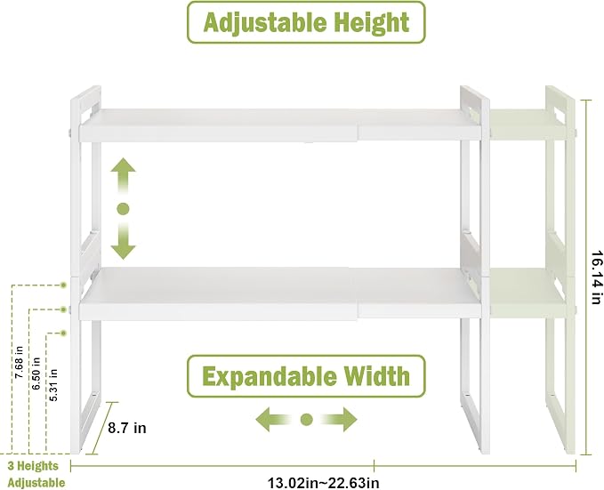 Expandable Cabinet Shelf Organizer, Stackable Kitchen Counter Shelf, White | Space Saving Metal Pantry Storage Racks for Kitchen Spice Rack Pans and Untensils Bathroom Office Organization, 2-Tier - Image 3