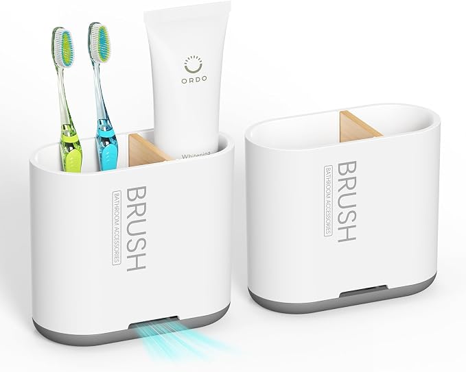 2 Pack Toothbrush Holders for Bathrooms,White, Bathroom Accessories | 2 Slots, Easy to Clean, Plastic, Kids Electric Toothbrush, Drainage, Removable, For Bathroom, Vanity, Kitchen Sink, Office by Chintu