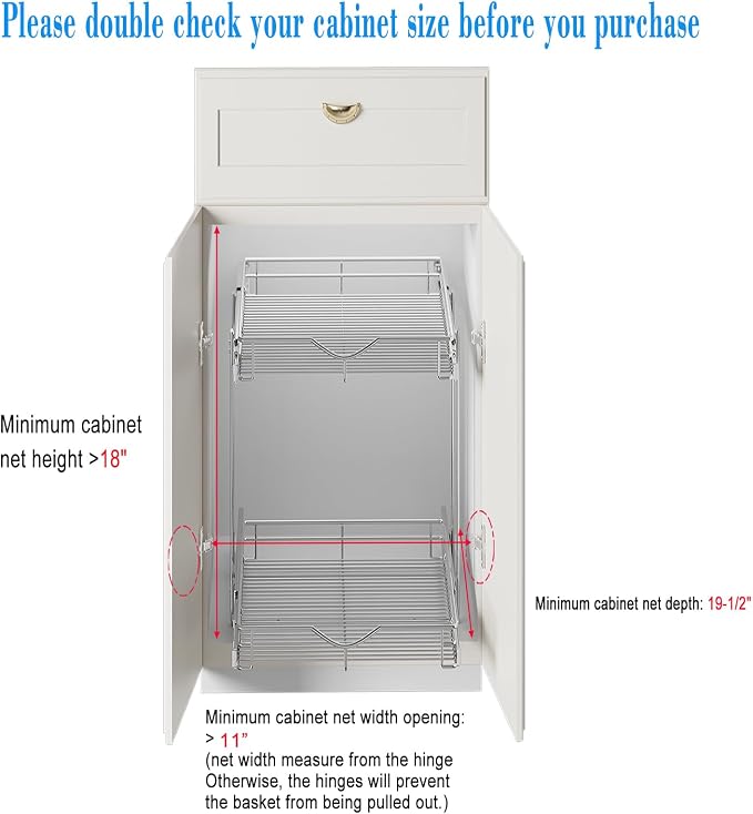 DINDON 2 Tier Pull Out Cabinet Organizer (11" W x 18" D) Heavy-Duty Metal Sliding Drawer Shelf, Two Tier Pull Out Shelves for Kitchen Cabinets, Pantry, Bathroom, Chrome Finish - Image 3