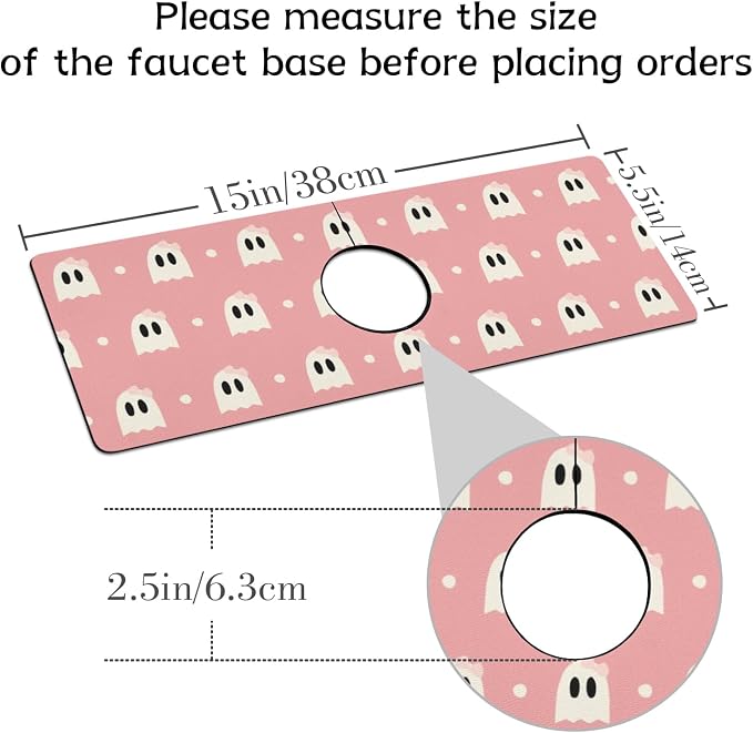 Halloween Kitchen Sink Splash Guard Faucet Mat,Pink Cute Ghosts Halloween Faucet Non-Slip Absorbent Mat,Farmhouse Sink Splash Guard Behind Faucet for Kitchen Bathroom,15"x5.5" - Image 2