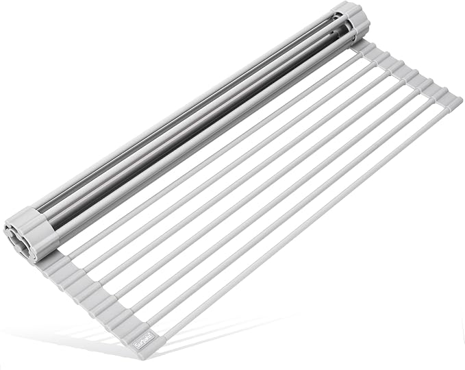 17.5 x 13.1 Inch Roll-Up Dish Drying Rack, Fits Across Sink Openings up to 16.5 Inches, Heavy-Duty Premium Silicone, Strong Support, Non-Slip, Heat-Resistant, Warm Gray by Surpahs