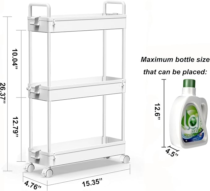 SOLEJAZZ Slim Rolling Storage Cart Skinny Bathroom Organizer, 3 Tier, White | Thin utility cart with wheels for bathroom, laundry room, bedside, kitchen, dorm, office, next to fridge, small narrow places - Image 2