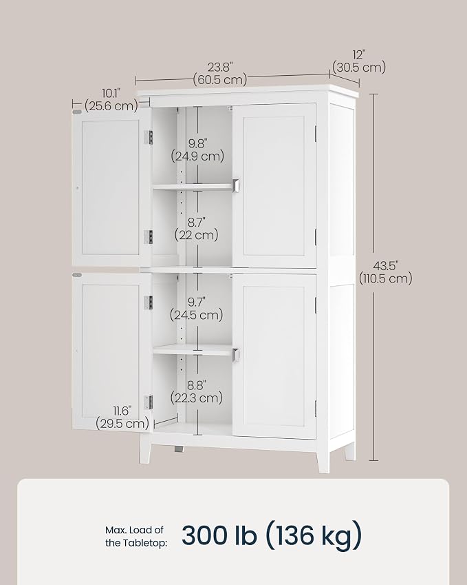 SONGMICS HOME Freestanding Storage Cabinet, Floor Cabinet with Elevated Legs, Metal Handles, for Living Room, Kitchen, Bathroom, White - Image 3