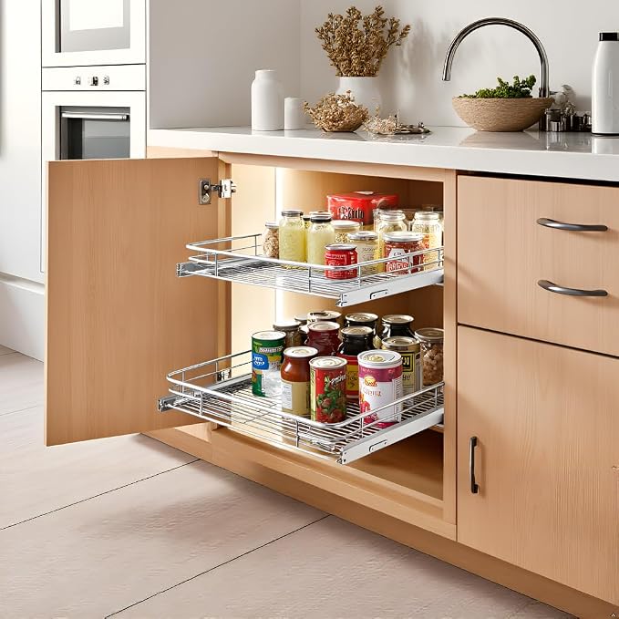 Pull Out Cabinet Organizer 20" W x 21" D, Chrome | Slide Out Shelves for Kitchen Cabinet, 100 lbs Capacity, Smooth Ball-Bearing Glides, Heavy-Gauge Steel Wire, Fits 21" Opening - Image 7