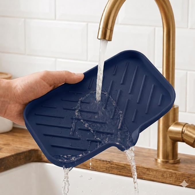 MicoYang Silicone Soap Dish with Drain Spout — Self-Draining Sink Organizer Tray for Bathroom & Kitchen, Sponges, Dispensers & Soap Holder, Non-Slip & Dishwasher Safe, Navy Blue (Medium, 9.6"×5.3") - Image 9