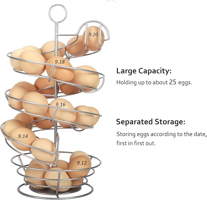QUTREY Silver Metal Egg Holder Countertop, Spiral Design Egg Skelter Dispenser Rack with Egg Storage Basket for Kitchen - Image 4