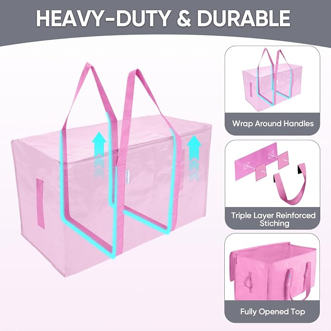 TICONN 4 Pack Extra Large Moving Bags Heavy Duty with Zippers & Carrying Handles, Durable Storage Bags Moving Boxes for Closet Organizers and Storage (4 Pack, Pink) - Image 3