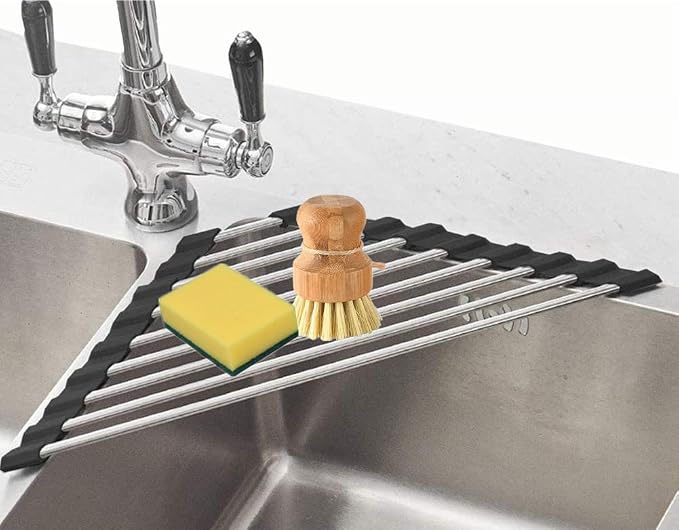 Triangle Dish Drying Rack Multipurpose Roll-up Drying Rack for Sink Corner Stainless Steel Over The Sink Corner Dish Drainer Mat for Kitchen (Black) by Fafcitvz