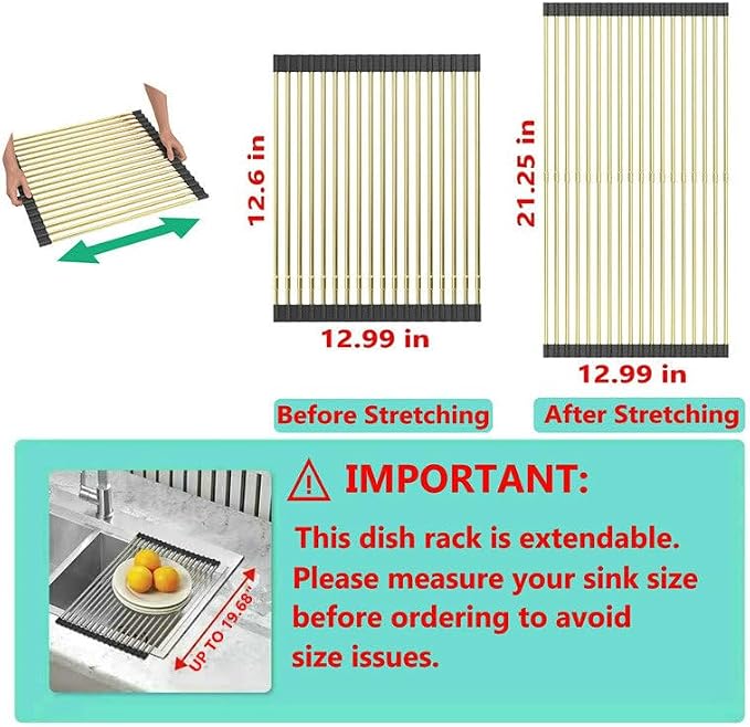 Large Telescopic Draining Rack, Gold Roll Up Heat-Resistant Dish Drainer for Stainless Steel Sinks, Non-Slip Silicone Rolling Dish Drainer Roll Rack 18 tube12.59-21.25x12.79'' - Image 3