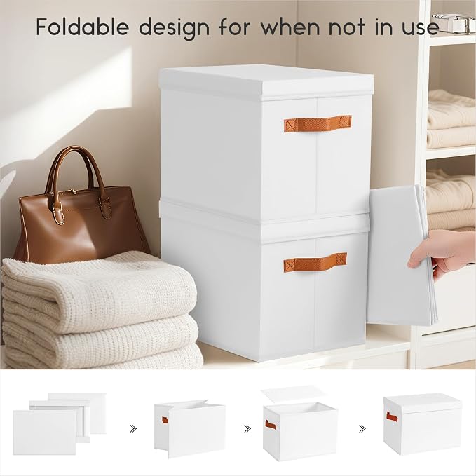 Storage Bins with Lids - Large Fabric Closet Bins with Lid, 8 Pack Clothes Organizers and Storage, Collapsible Stackable Cube Basket for Home, Office, Dorm, White - Image 3