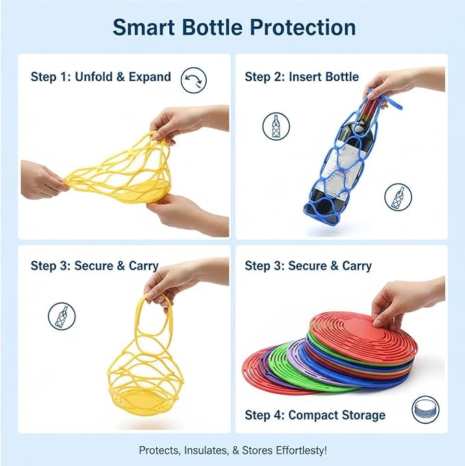 Multi-Use Silicone Storage Bag & Organizer,Multifunctional Mesh Coaster,Silicone Wine Carrier,Reusable, Foldable, Portable Coaster for Wine Bottles, Cans, Cups, Hot Dishes,and Beverages(2pcs Purple) - Image 3