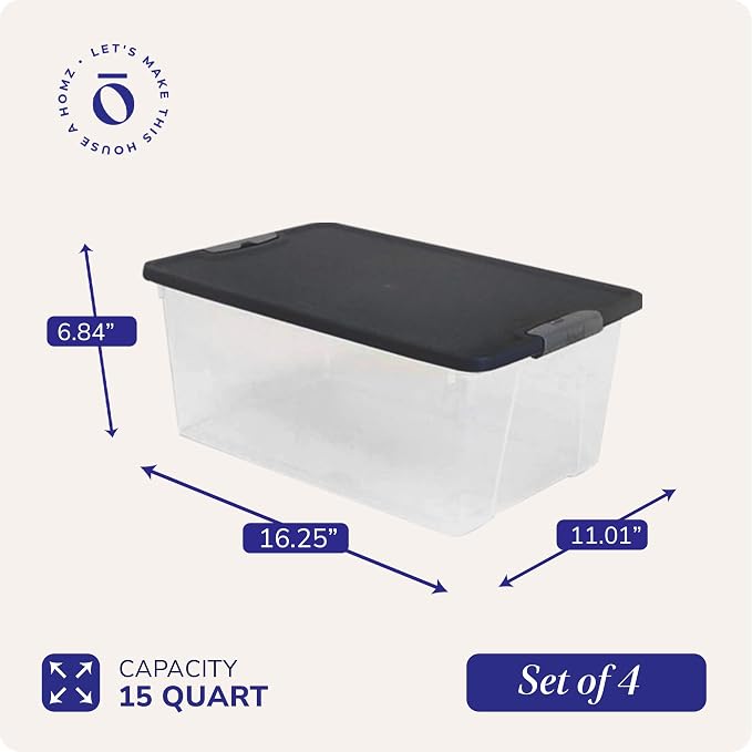 HOMZ 4-Pack Secure Latch, Clear Plastic Storage Organizer Bins, 15 Quart, Gray Lid - Stackable Container Boxes for Bedroom, Bathroom, Garage, and Office Organization - Image 4