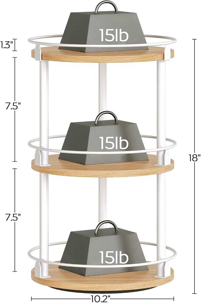 3-Tier Lazy Susan Organizer, Rotating Spice Rack, Spinning Organizer, Industrial Turntable Spice Rack Organizer for Cabinet, Kitchen Countertop, Pantry, White and Natural SR23WN - Image 9