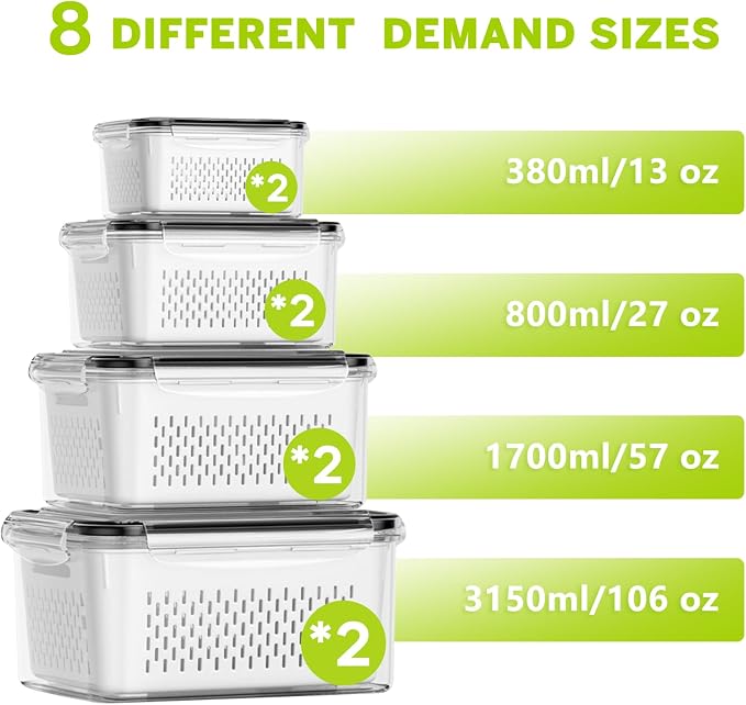 HOMETALL 8 Pack Fruit Storage Containers for Fridge, Produce Containers for Fridge with Colander, Leakproof Fridge Organizers and Storage for Berry Vegetable Salad Lettuce Meat Food - Image 3