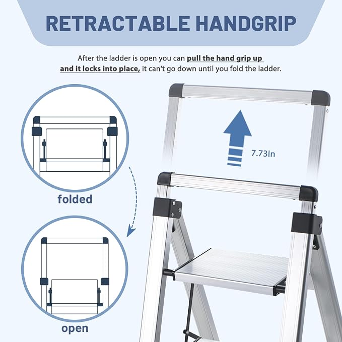 3 Step Ladder, Aluminum Folding Stool with Retractable Handgrip | 330 lbs Heavy Duty | 9.5lbs Lightweight | Removable Tool Tray | Non-Slip Pedals | Slim 2.5" Fold for Kitchen, Closet & Garage - Image 3