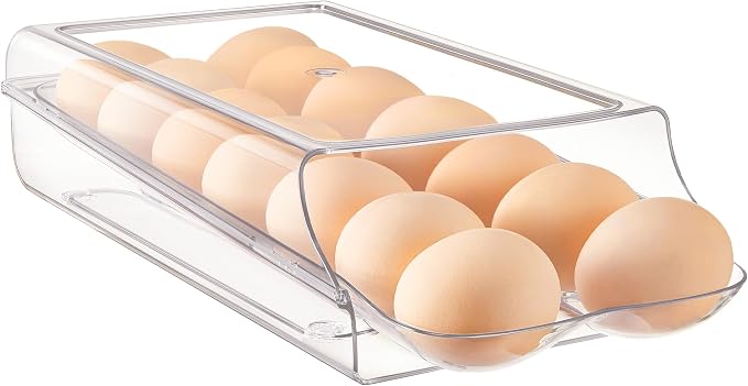 Vtopmart 1 Pack Egg Holder for Fridge, Automatic Rolling Egg Container | Stackable Clear 14-Count Eggs Organizer with Removable Inner Tray, Egg Storage for Refrigerator, Space Saving by Vtopmart