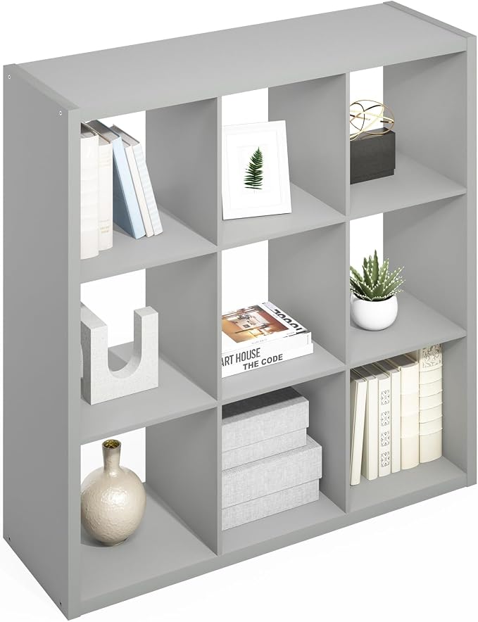 Furinno Simple 9-Cube Storage Organizer, Display Shelf, Light Grey | Extra Thick Frame, Open Back Shelving Unit, Storage Shelves, for Organization and Storage, Living Room, Home Office by Furinno-FitsYourSpaceFitsYourBudget
